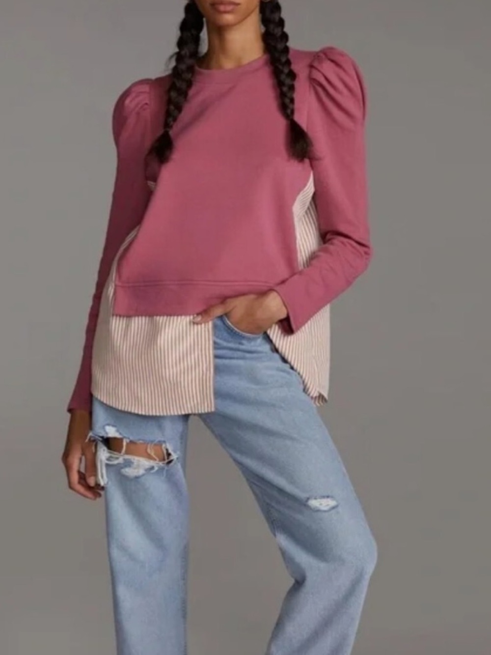 Maeve Dusty Rose Puff-Shoulder Layered Hem Sweatshirt